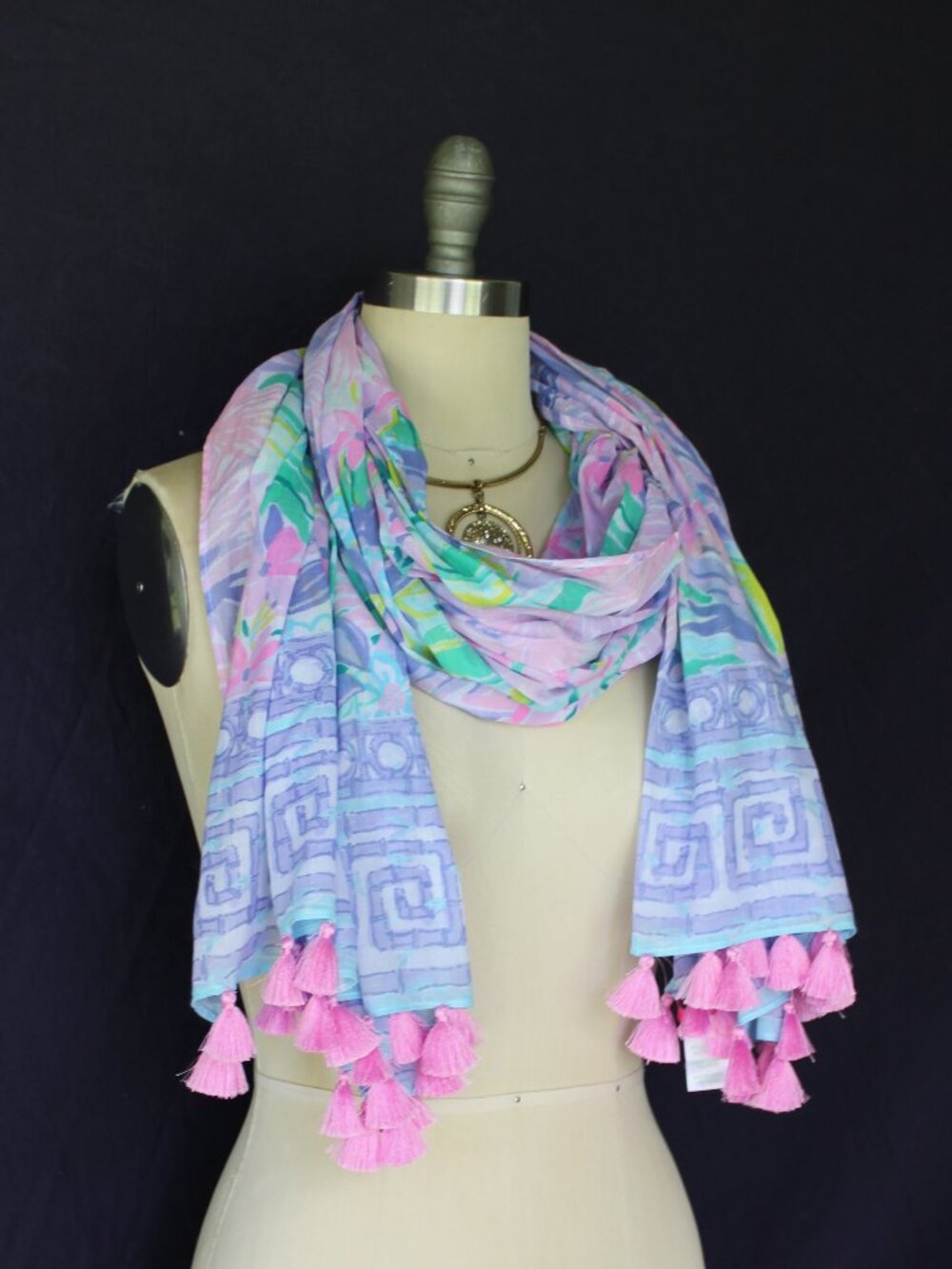 lilly pulitzer resort scarf pink tassel lattice greek key wrap shawl sarong - Picture 3 of 10